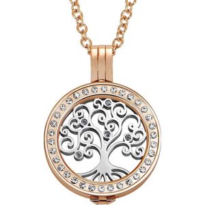 Quiges Munthouder met Ketting en Munt 25mm Levensboom - RVS Roségoudkleurig met Zirkonia - EPRHZ786