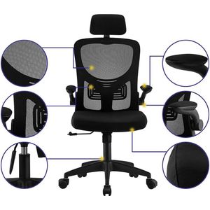 Ergonomische bureaustoel met inklapbare armleuningen en lendensteun, hoogte verstelbaar - zwart