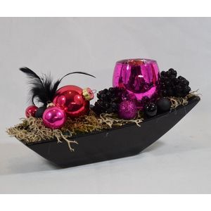 ZoeZo Design - kerststukje - kerststuk - kerstdecoratie - kerstversiering - met waxinelichtjeshouder - aardewerk potje - zwart - pink - 25x12x7 cm