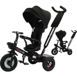 Gran Vida® - Driewieler Met Duwstang - 360 Graden Draaibare Stoel - Verstelbare Luifel - Schokabsorberende Wielen - Geschikt voor Kinderen van 1-5 Jaar - Zwart
