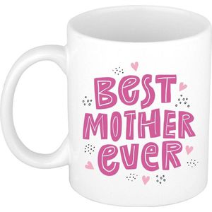 Best mother ever mok wit met roze letters en hartjes - 300 ml - cadeau mok / beker - Moederdag / verjaardag