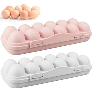 2 stuks eierbewaardozen met 12 roosters, eierhouders van kunststof, voor de koelkast, herbruikbaar, met deksel, grijs + roze