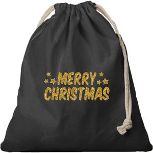 2x Kerst Merry Christmas gouden glitters cadeauzakje zwart met sluitkoord - katoenen / jute zak - Kerst cadeauverpakking zakjes