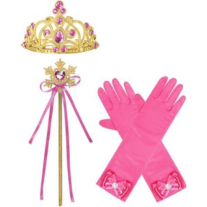 Het Betere Merk - Prinsessen Speelgoed - Prinses Kroon (Tiara) - Toverstaf - Prinsessen Handschoenen - Voor bij je Verkleedkleding - Fuchsia - Roze - Goud