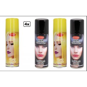 4x Haarspray zwart/geel 125 ml - Merk Goodmark - Festival thema feest carnaval haar kleurspray party