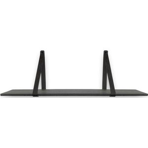 Eiken Wandplank 80 x 20 cm – Zwart – Inclusief Zwarte Leren Riemen – Industriële Houten Plank – 18 mm Dikte