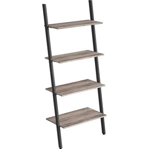 Staande plank, ladderplank, wandplank met 4 niveaus, boekenkast, staande plank, woonkamer, keuken, kantoor, staal, stevig, schuin, leunt tegen de muur, industrieel ontwerp, grijze-zwart.