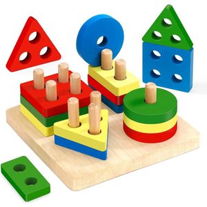 Montessori Houten sorteer- en stapelspeelgoed - geometrische vormen - kleuren puzzel-stapelaar - cadeaus voor jongens - meisjes - 1 2 3 jaar .