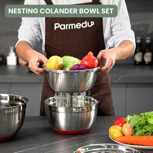 5-in-1 multifunctionele grote 304 roestvrijstalen mengkom set, 3 diepe nestende slakommen maat 4QT, 3QT, 2.5QT & vergiet en rasp, model CK001
