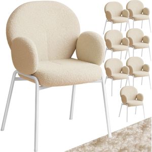 tectake® - Eetkamerstoel met armleuning - Woonkamerfauteuil - Scandinavische loungestoel - Comfortabele gestoffeerde stoel - Bekleding van bouclé teddystof - Set van 8 - Crème