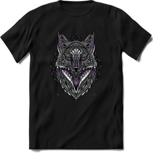 Vos - Dieren Mandala T-Shirt | Paars | Grappig Verjaardag Zentangle Dierenkop Cadeau Shirt | Dames - Heren - Unisex | Wildlife Tshirt Kleding Kado | - Zwart - XL