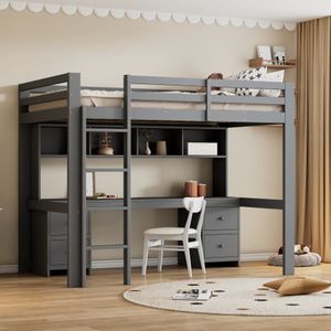 Hoogslaper 90*200cm, kinderbedden, bed boven, tafel onder, grote opbergruimte, hoge leuning, stabiele trap, grijs