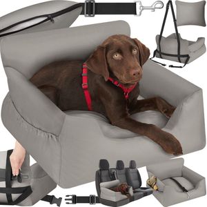 tectake® Hondenautostoel Milow - Gestoffeerd met veiligheidslijn - Hondenstoel voor auto - Hondenmand - Comfortabele en veilige autostoel voor honden - div. kleuren - 55x50x29cm - grijs