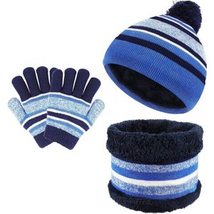 SHOP YOLO-Kindermuts 3 stuks-gebreide muts strepen fleece hoeden sjaals voor meisjes jongens 3-6 jaar-Blauw