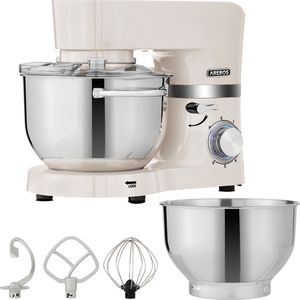AREBOS Keukenmachine - 1500W - Keukenrobot - 5,5L&4,5L - Keukenmixer - Foodprocessor - Roestvrij Stalen Mengkom - 6 Snelheden - Crème