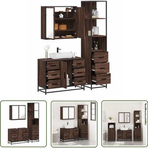 The Living Store 3-delige Badkamermeubelset bewerkt hout bruin eikenkleur - Badkamermeubilair - Badkamerspiegel - Houten Badkamerkast - Industriële Badkamerstyling - Badkameropbergruimte