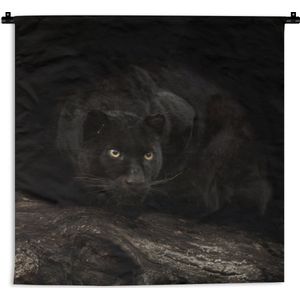 WandkleedDieren - Zwarte panter in een donker bos Wandkleed katoen 180x180 cm - Wandtapijt met foto