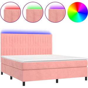 vidaXL - Boxspring - met - matras - en - LED - fluweel - roze - 180x200 - cm