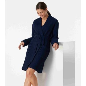 SCHIESSER Essentials badjas - dames badjas wafelpique donkerblauw - Maat: L