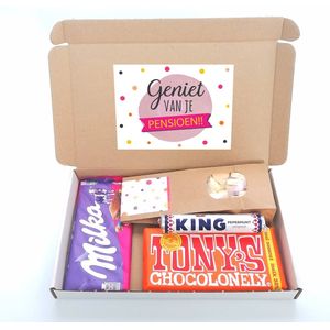 Pensioen cadeau - brievenbus cadeau - Geniet van je pensioen - Milka confetti chocolade - Tony chocolonely - King pepermunt - Vruchtenhartjes - Cadeau