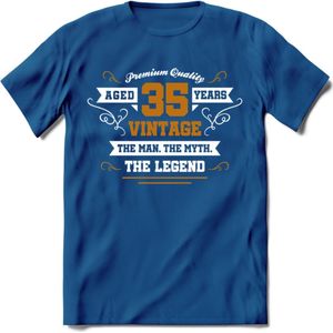 35 Jaar Legend T-Shirt | Goud - Wit | Grappig Verjaardag en Feest Cadeau Shirt | Dames - Heren - Unisex | Tshirt Kleding Kado | - Donker Blauw - M