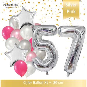 Cijfer Ballon 57 Jaar Zilver Roze White Pearl Boeket * Hoera 57 Jaar Verjaardag Decoratie Set van 15 Ballonnen * 80 cm Verjaardag Nummer Ballon * Snoes * Verjaardag Versiering * Verjaardag Decoratie * Silver Pink Pearl White* Nummer Ballon 57