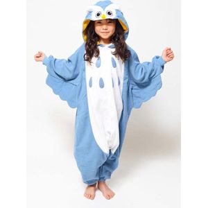 KIMU Onesie Blauwe Uil Pakje - Maat 110-116 - Uilenpak Kostuum Blauw Pak - Kinder Vogel Pyjama Jumpsuit Huispak Jongen Meisje Overall Fleece Festival