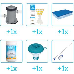 Accessoires voor Bestway Steel Pro Zwembad - 221x150x43 cm - Rechthoekig - Bestway - 56401 - Pomp - Testrips - Afdekzeil - Chloor - Chloordrijver - Schoonmaakset
