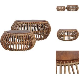 vidaXL Rattan Salontafel - Set van 2 - Bruin - Natuurlijk rattan - Massief teakhouten blad - 70 x 30 cm (L) - 50 x 24 cm (S) - Tafel