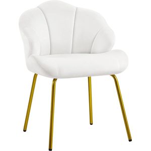 Moderne woonkamerstoel, schelpdesign, comfortabele slaapkamerstoel, gevoerd, ergonomisch, fauteuil van fluweel met rugleuning, poten van verguld metaal, wit