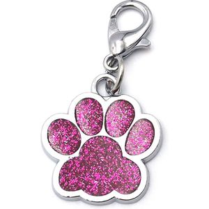 Sleutelhanger of halsbandhanger 25x25 mm met hondenpootje fucsia roze glitter met karabijnslotje
