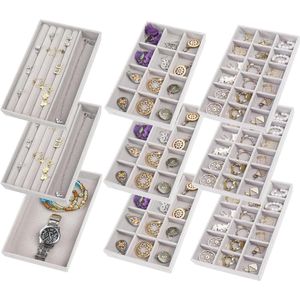 9-Pcs Stackable Jewelry Storage Drawer - Organiser for Necklaces, Bracelets, Earrings, Rings, Watches - Grey