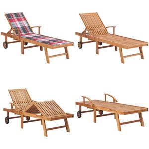 vidaXL Ligbed met rood geruit kussen massief teakhout - Zonnestoel - Zonnestoelen - Zonnebed - Zonnebedden