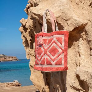 Bohemida Ibiza Bag XL - Mom bag- Boho Koraal - Grote Strandtas / Weekendtas /Schoudertas - Katoen & Wol - Afsluitbaar