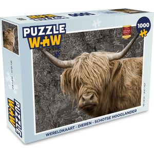 Puzzel Wereldkaart - Dieren - Schotse hooglander - Legpuzzel - Puzzel 1000 stukjes volwassenen