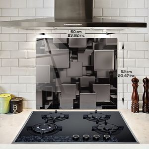 Zwarte Blokjes Patroon Tempered Glazen Spatbescherming Voor Achter de Kookplaat 52cm x 60cm