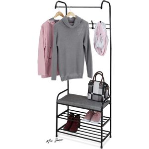 Mrs. Jones Premium Collection Garderoberek - Schoenenrek - Bankje - Metaal - Staand - 4 haken - Zwart - HBD 173x64x30 cm .