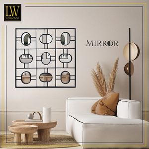 LW Collection wandspiegel zwart vierkant 80x80 cm metaal - grote spiegel muur - industrieel - woonkamer gang - badkamerspiegel - spiegel met kleine spiegels - muurspiegel slaapkamer zwarte rand - hangspiegel met luxe design