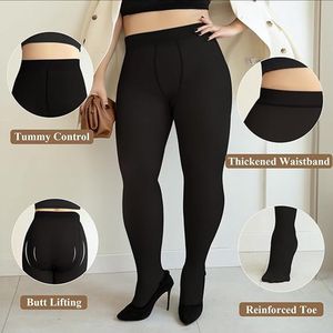 Plus Size Panty's Voor Dames Fleece Gevoerd Nep Doorschijnende Panty Hoge Taille Panty Winter Warme Oversized Leggings