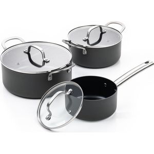 ISENVI Murray Combi Kookpannenset 3 delig - RVS grepen - Antraciet - Keramisch - 100% PFAS, PTFE en PFOA vrij - 100% duurzaam - Unieke Antiaanbaklaag - Non-stick bodem - Vaatwasbestendig - Geschikt voor alle warmtebronnen inclusief inductie