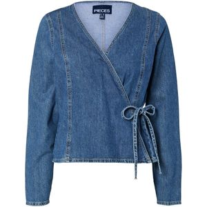 Pieces Blouse Pctabi Ls Denim Wrap Shirt 17157601 Dark Blue Denim Dames Maat - XL