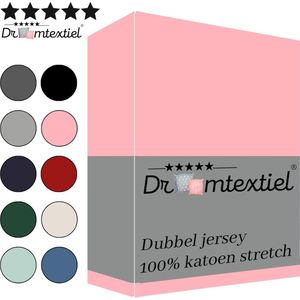 Droomtextiel Dubbel Jersey Hoeslaken Roze Lits-Jumeaux 180x220 cm - 100% Katoen - Hoge Hoek - Heerlijk Zacht - Strijkvrij - Rondom elastiek - Stretch - Dubbel Dik Geweven