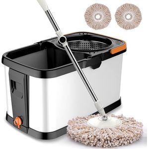 Mopset met emmer, roestvrijstalen 360° spin-mop mop-emmer vloermop met wringer, telescoopsteel van 130 cm en 2 microvezelmopkoppen voor vloerreiniging