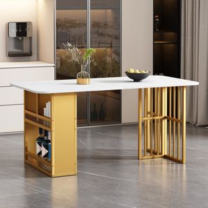 Sweiko Opvouwbare eettafel, Multifunctionele uitschuifbare eettafel, Beweegbare eettafel, Uitschuifbare eettafel, Eettafel met lades, Eettafel in 3-vorm, Wit en goud