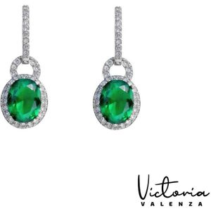 Victoria Valenza Cologne Luxe Oorbellen Dames Messing Oorhangers Dames Oorringen - Groene Steen - Kleur Zilver - 1 Paar