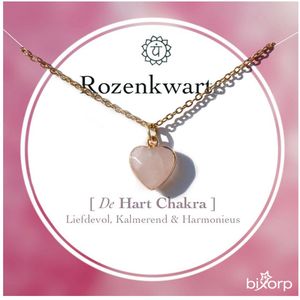 Bixorp Gems Rozenkwarts Hartje Ketting - Chakra Ketting met 18k Verguld Goud & Roestvrij staal - 36cm + 8cm verstelbaar