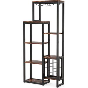 Hanimo Wijnkast - Wijnrek - Drankkast - BarKast - Wijnglashouders - Flessenhouders - Wijnkast Industrieel - Hout en metaal - Bruin/Zwart - 175x80x30cm