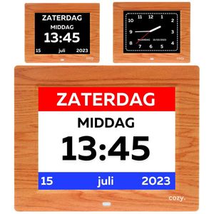 cozy.® Dementieklok Pro 2024 - Digitaal & Analoog - Alzheimer Klok - Moment van de Dag en Datum - Pil Herinneringen en Alarmen - Hout