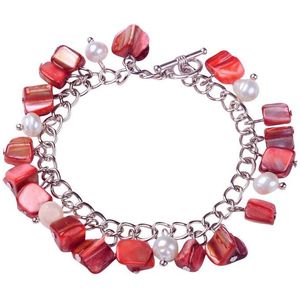 Zoetwaterparel en parelmoeren armband Pearl Red Shell Chip - echte parels - parelmoer - wit - rood - zilver - bedelarmband