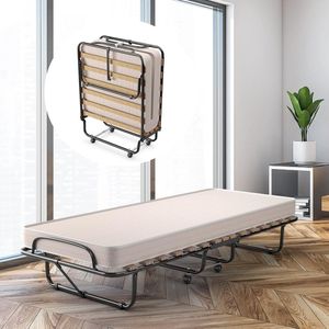 80 x 190 cm logeerbed, inklapbaar, opvouwbaar vouwbed met matras van traagschuim, opklapbed met stevig stalen frame, tot 120 kg belastbaar, metalen bed op wielen, voor kantoor en logeerkamer